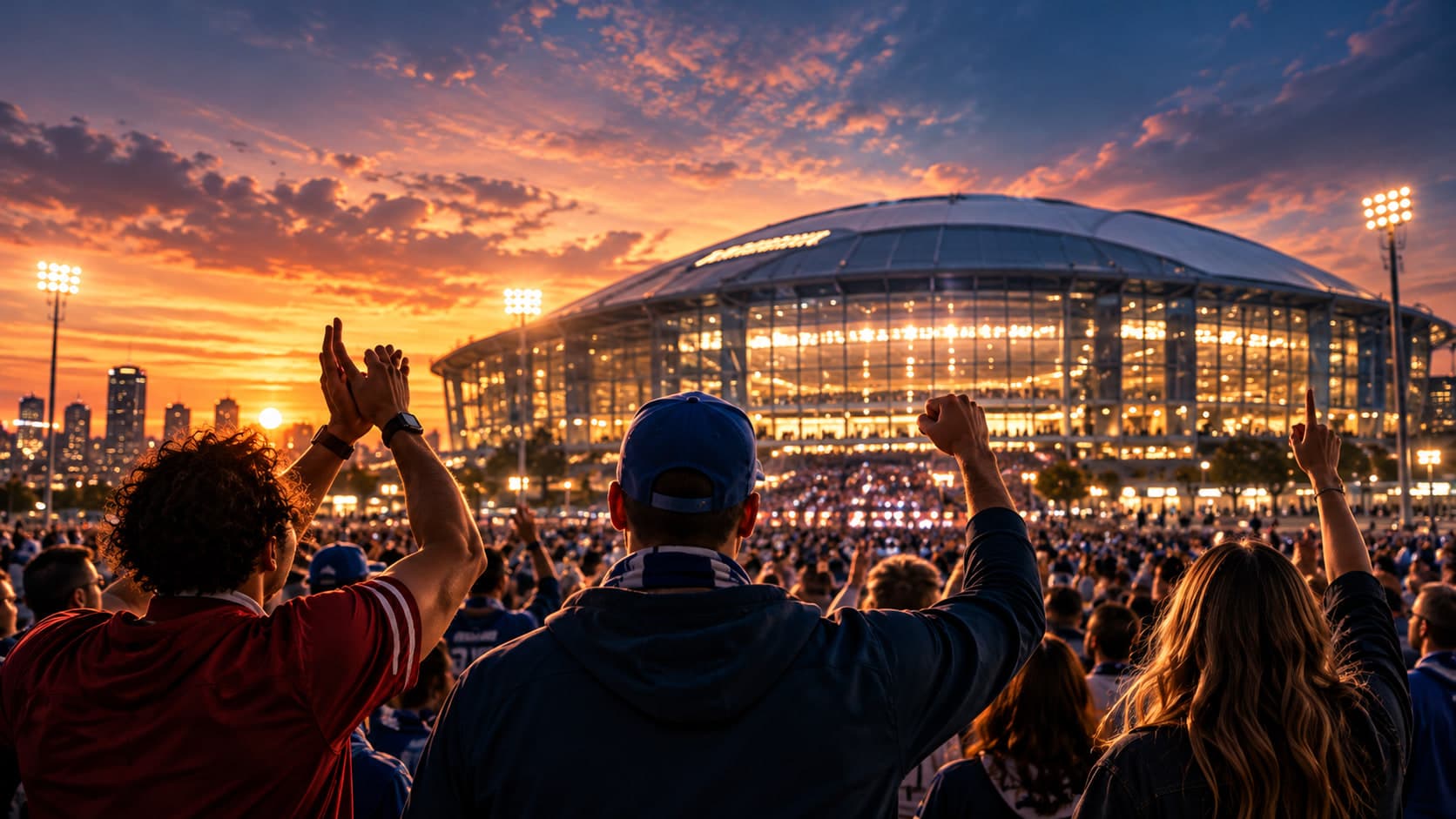 Fans cheering with raised arms outside a domed stadium at sunset