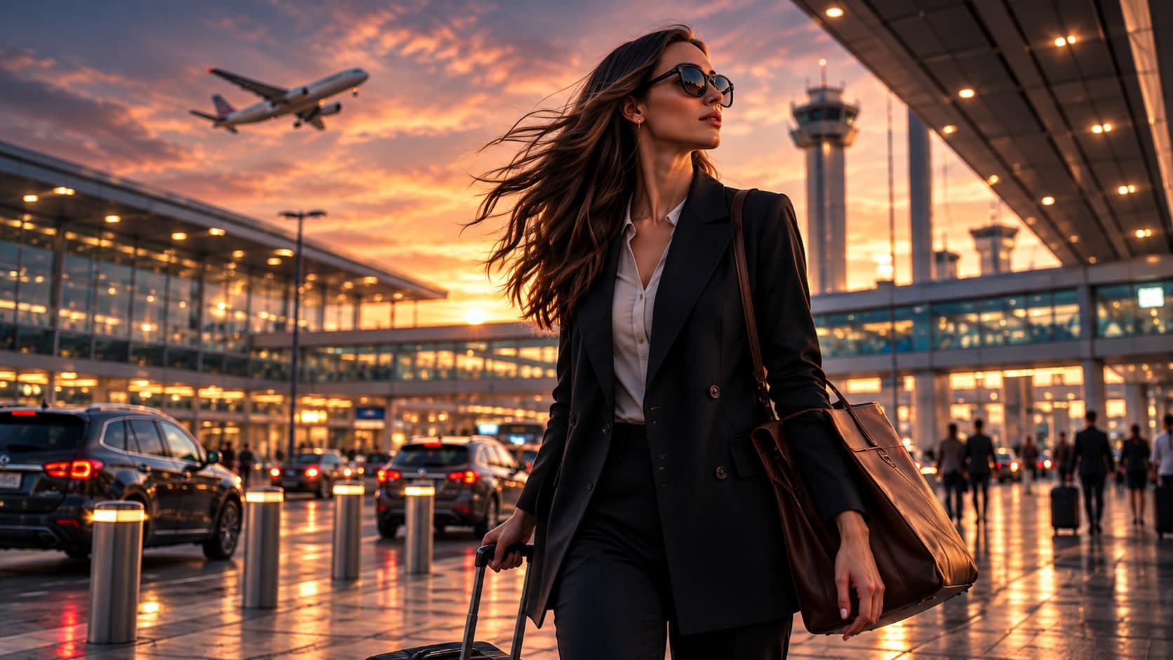 A business traveler with a shoulder bag and suitcase walking outside an airport terminal at sunset